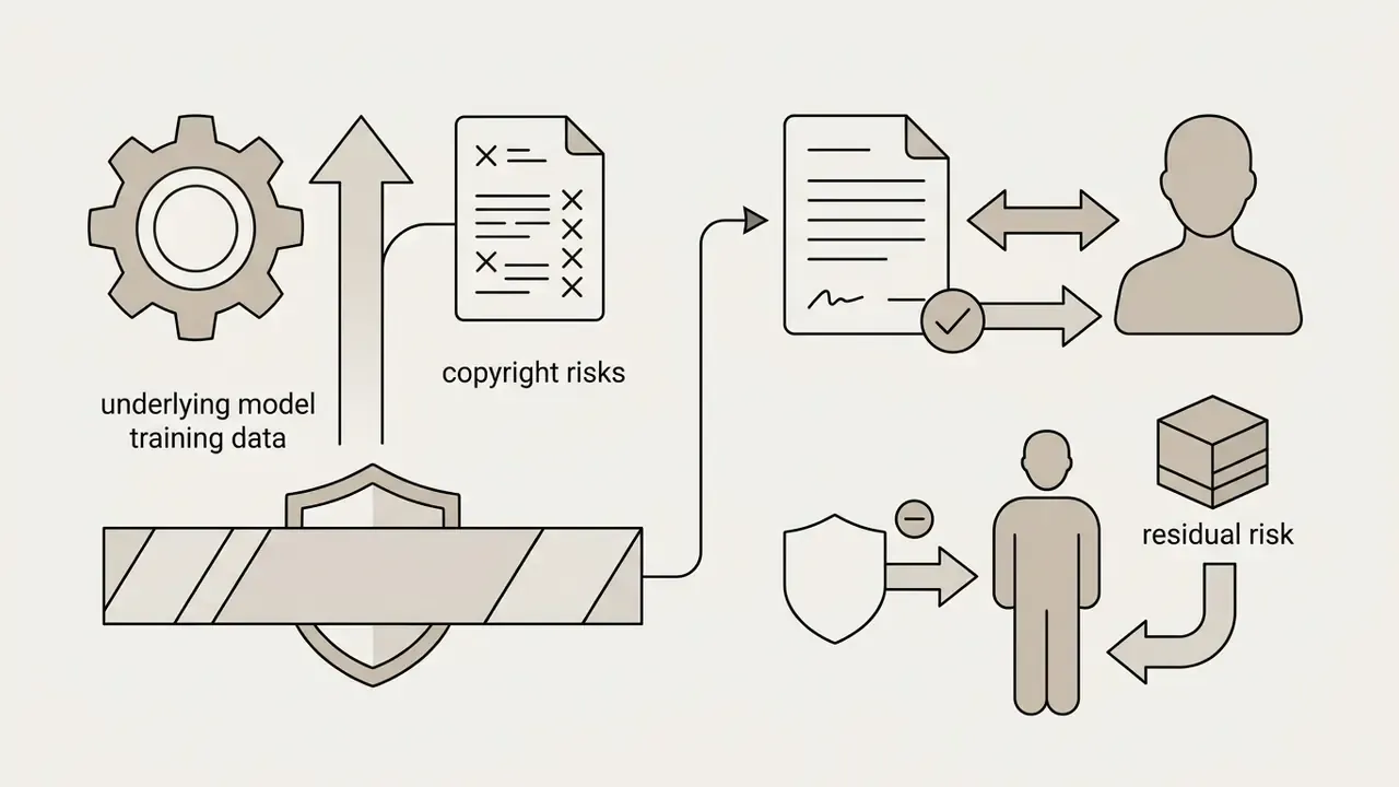 Model training data flowing through a shield to legal contracts and users managing copyright risks