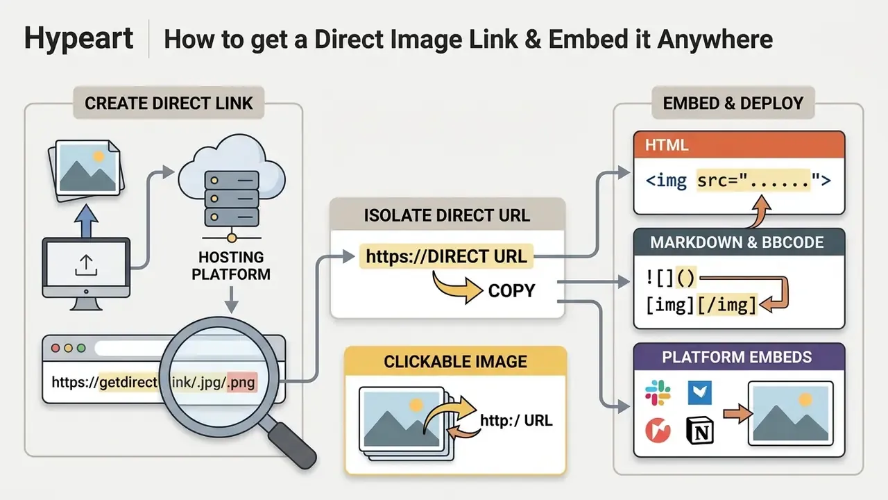 Visual guide showing how to create a URL for an image and embed it into HTML or other platforms