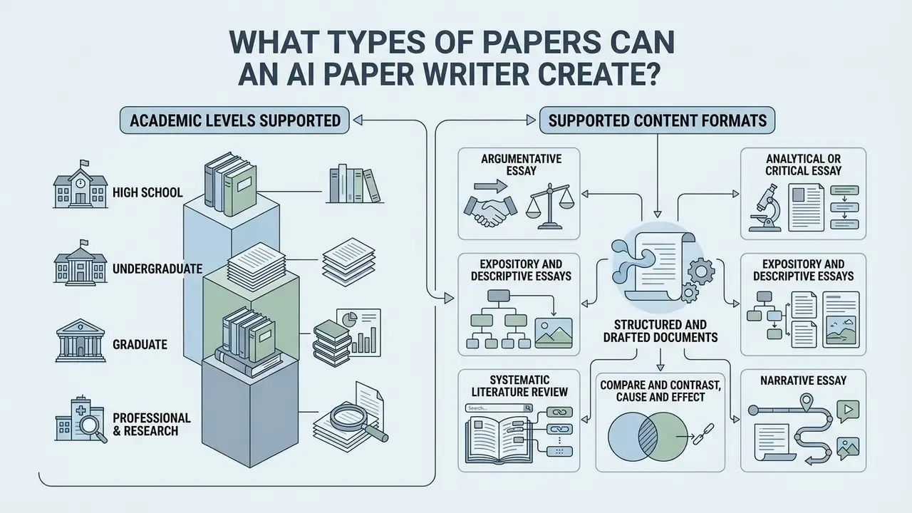 Infographic comparing academic levels supported and various document formats available for automated writing