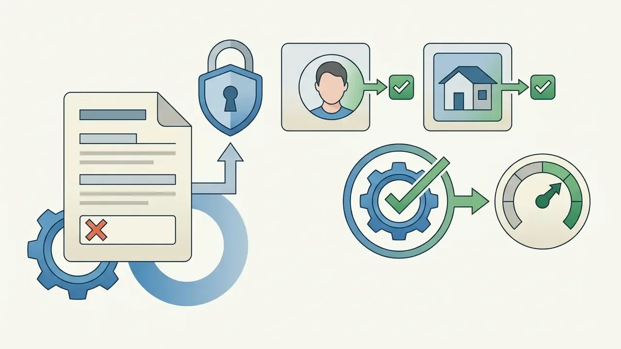 Document with a red cross mark connecting to a padlock icon alongside person and house release icons