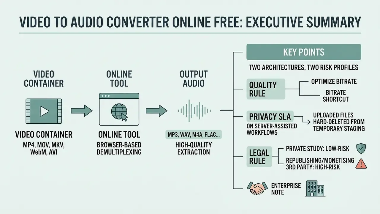 Flowchart showing how a video to audio converter online free processes files and key considerations