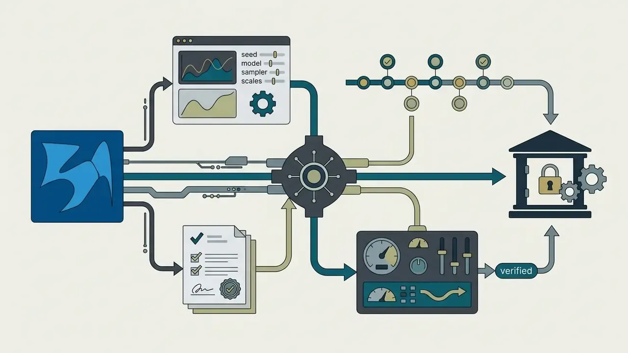 Central hub connecting AI metadata, audit documents, and control panels to a secure digital vault