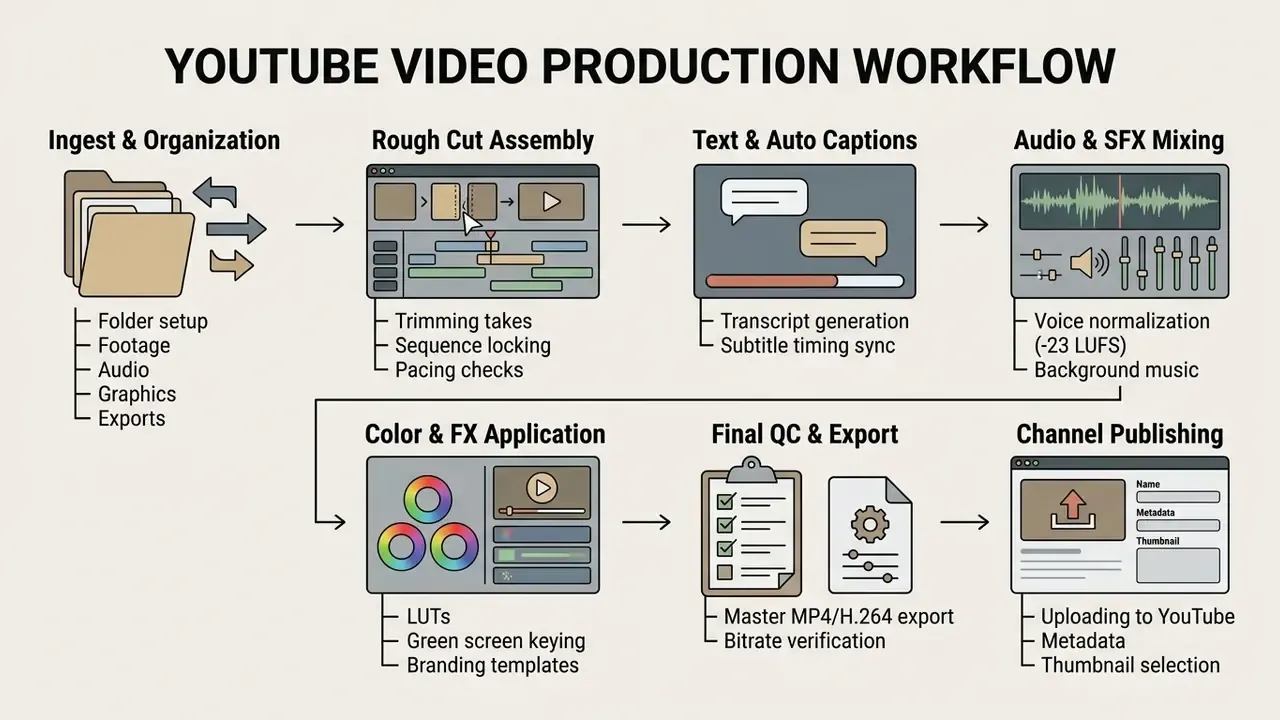 Step-by-step flowchart detailing the YouTube video editing process from media organization to publishing