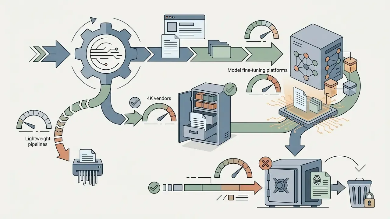 Diagram showing data processing paths from source files to storage, model training, and final deletion