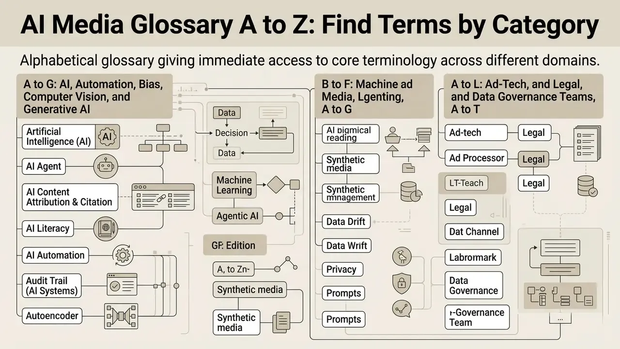 Structured list of AI Media Glossary terms organized into categories with associated icons and connections