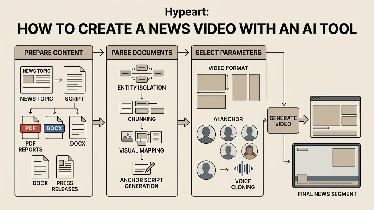Workflow steps for video generation AI news including content preparation, document parsing, and production