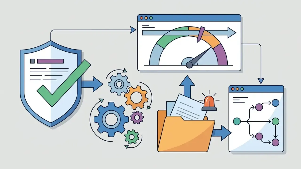 Shield icon and gear mechanism connecting a compliance document to a status gauge and incident workflow