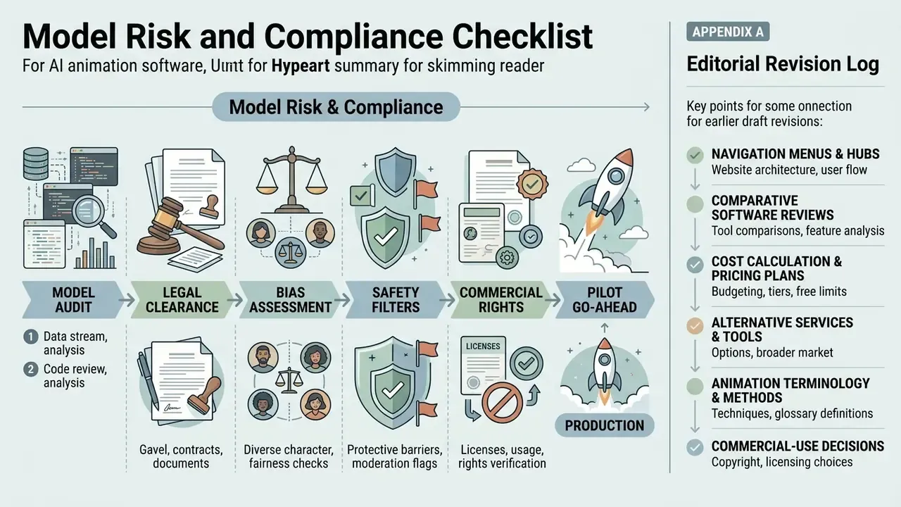 Checklist of model risk and compliance steps for AI animation software including audit and legal clearance