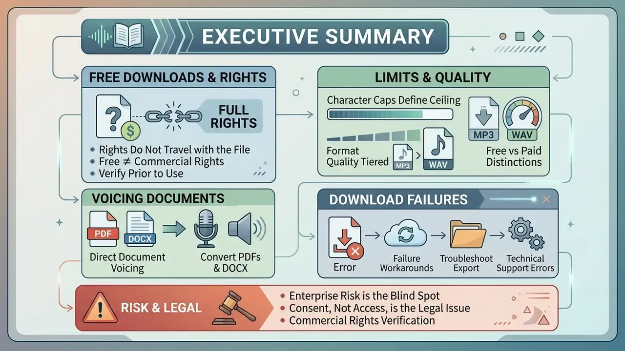 Infographic outlining legal risks, quality tiers, and troubleshooting for AI voice generator free download