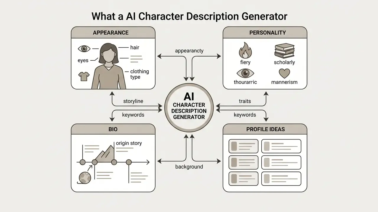 Diagram showing four interconnected boxes representing appearance, personality, bio, and profile ideas