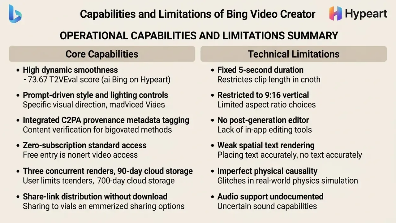 Two-column list contrasting core operational capabilities and technical limitations of video generation