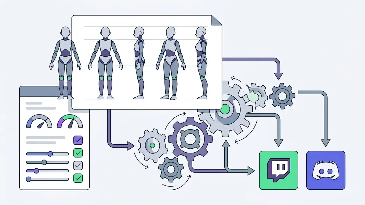 Character sheet with multiple views feeding into a gear system linked to Twitch and Discord icons
