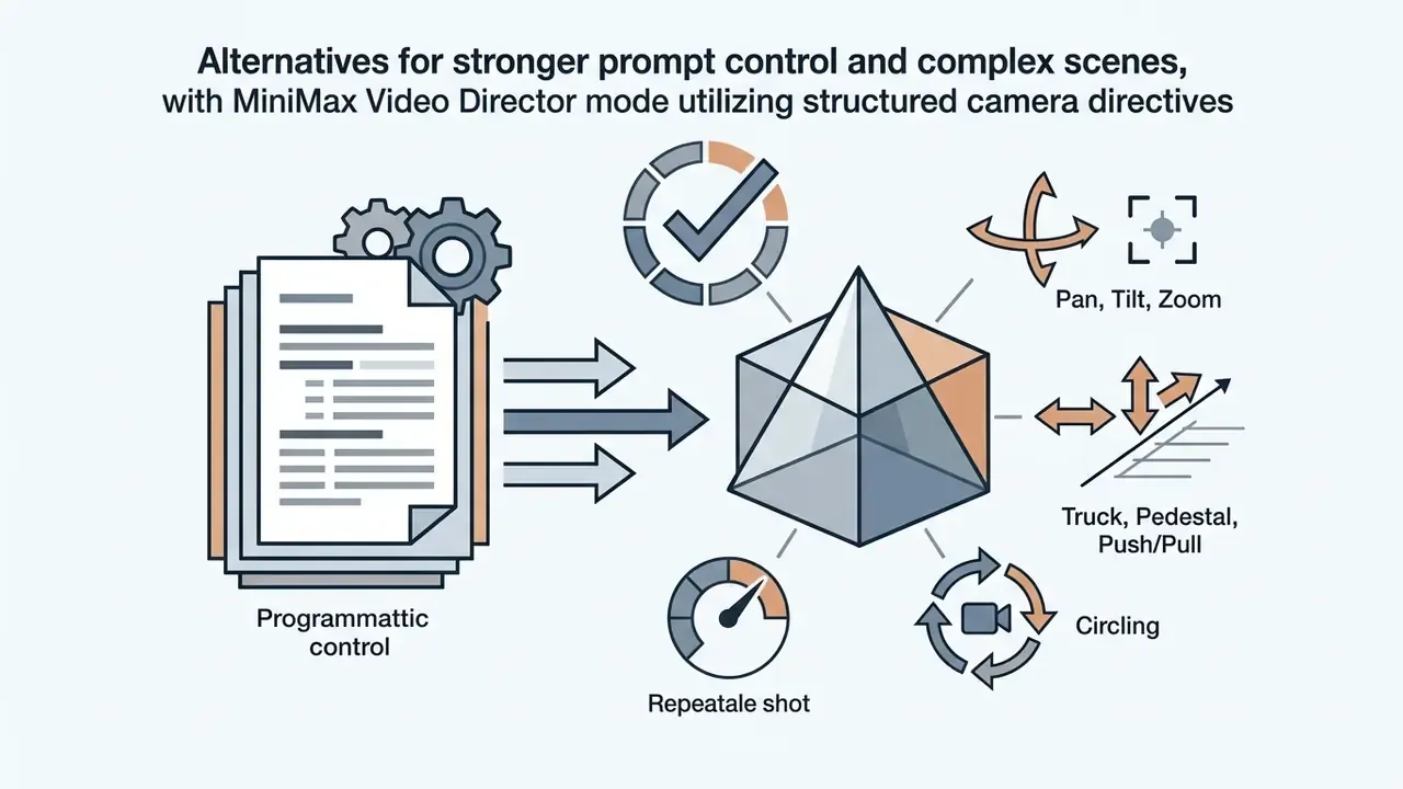 Document with gears feeding into a geometric shape connected to camera movement icons and gauges