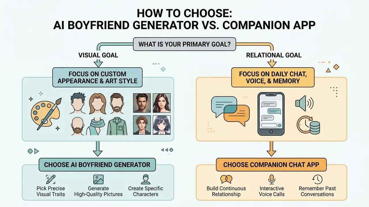 Decision tree flowchart comparing visual customization tools with interactive chat applications