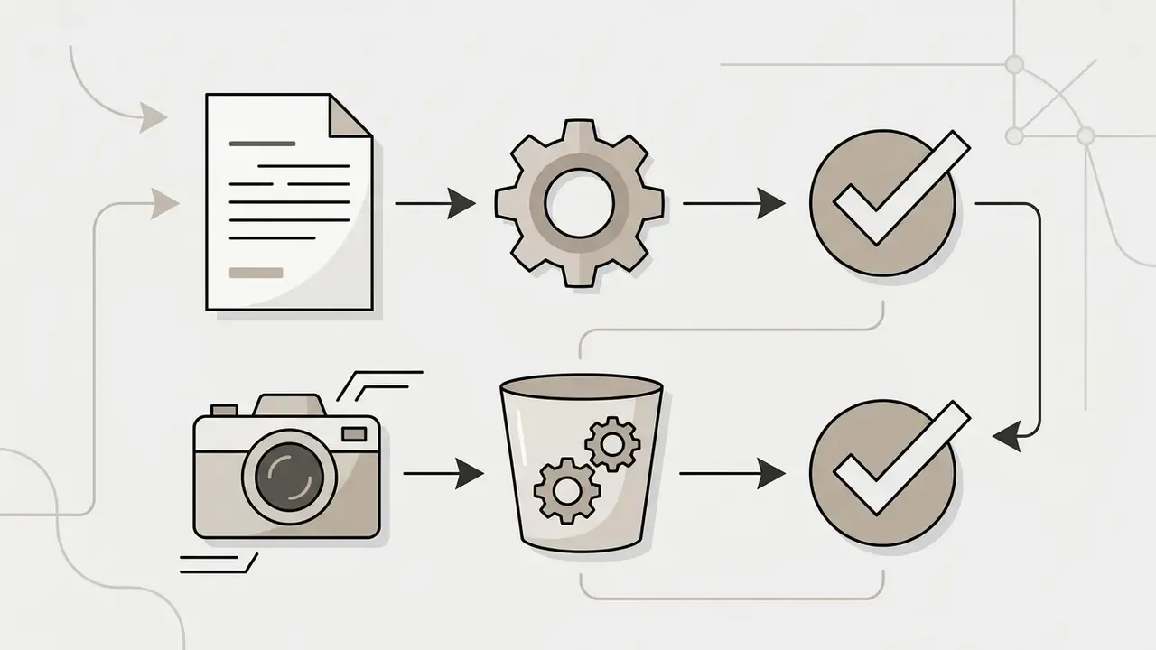 Two parallel paths showing document and camera inputs processed through gears to reach checkmark status