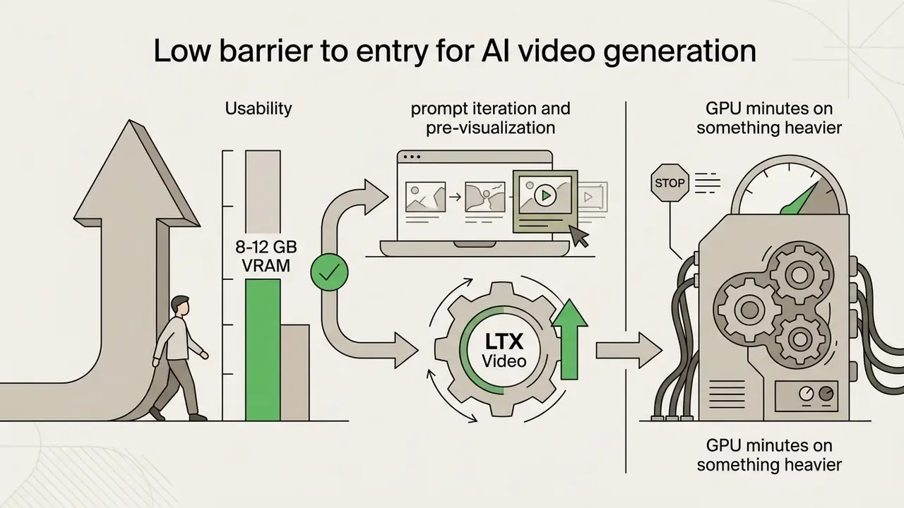 Person walking toward a bar chart representing low VRAM requirements for an open source AI video generator