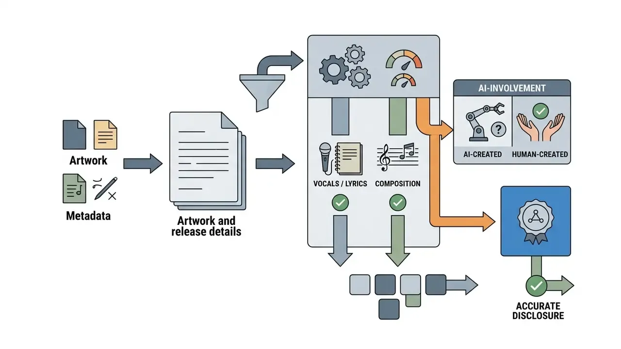 Workflow showing metadata collection for artwork, vocals, and composition leading to disclosure tags
