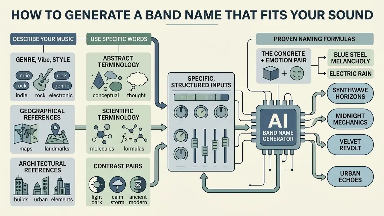 Diagram showing how specific musical and thematic inputs are processed by an AI to create band names