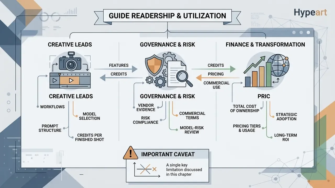 Infographic showing how creative, governance, and finance leads utilize Kaiber AI video generator workflows