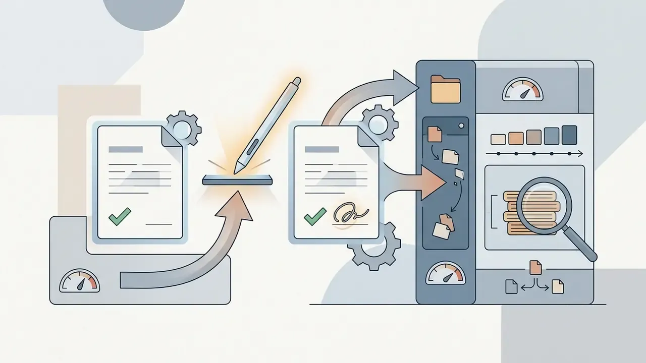 Digital stylus signing a document before it is processed and archived in a central repository system