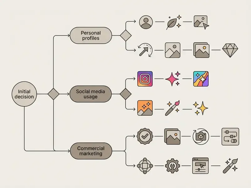 Flowchart mapping user goals to specific photo editing tool categories and feature sets