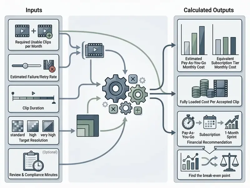 Logic model showing video production inputs feeding into a central engine to calculate cost outputs