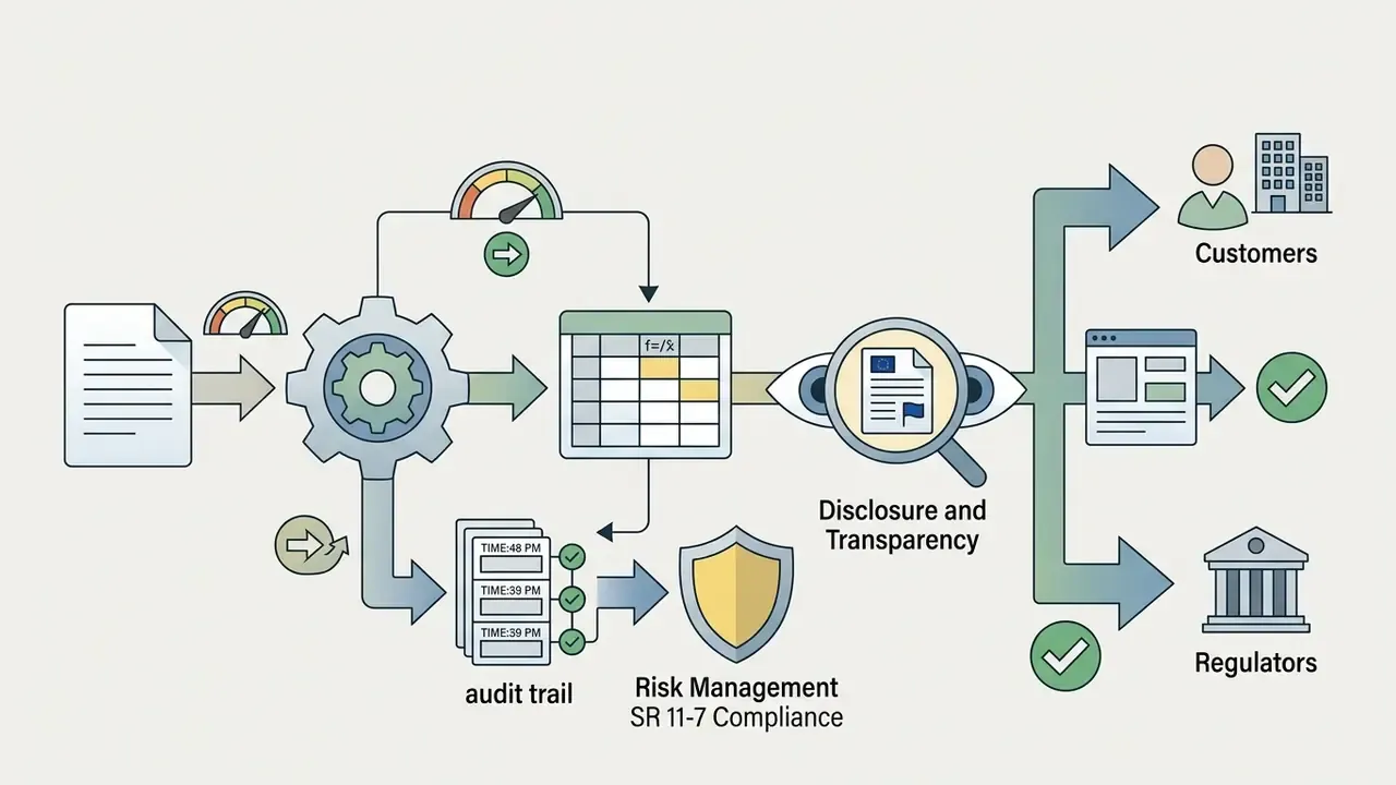 Inputs processed through gears into tables and audit trails for disclosure to customers and regulators