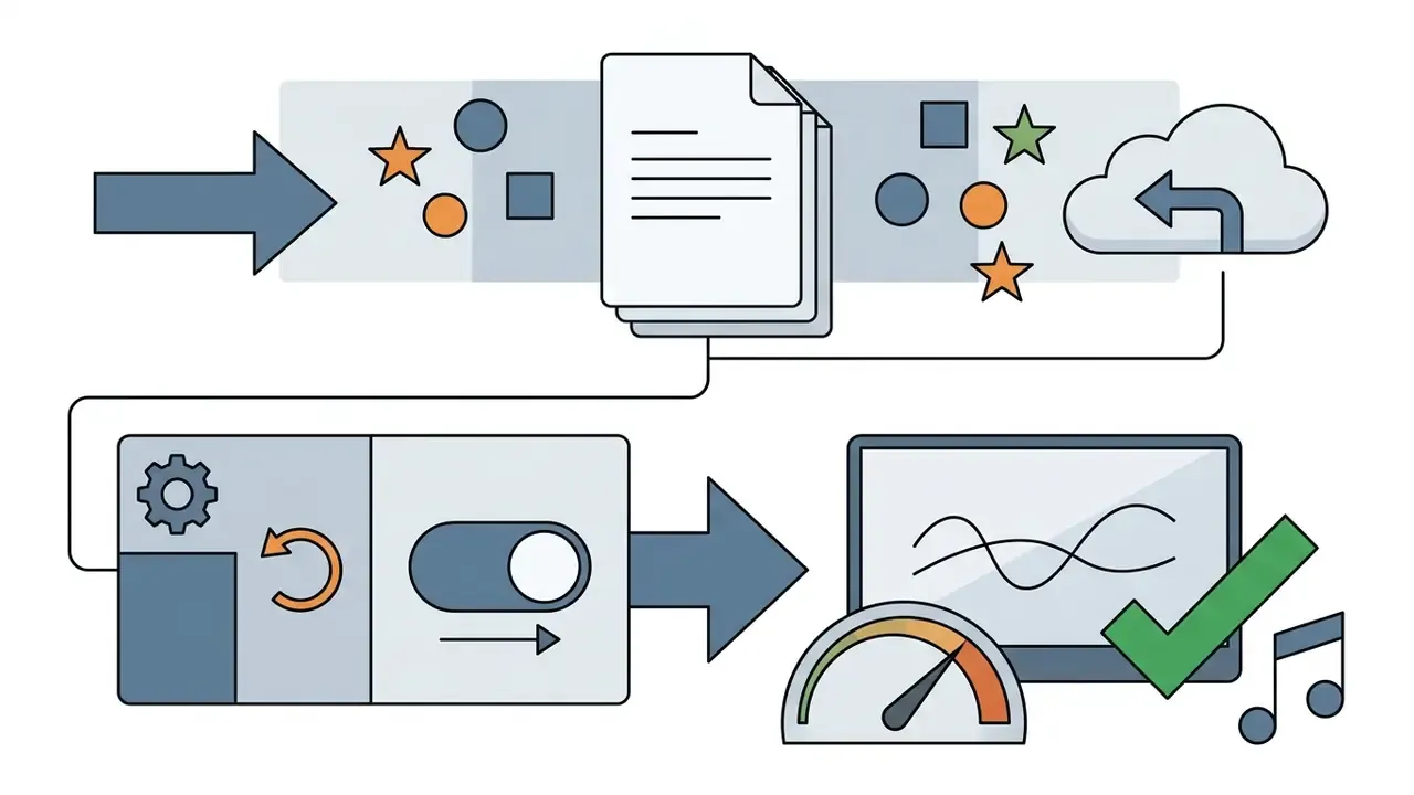 File processing steps showing upload to cloud, toggle activation for playback, and final media preview