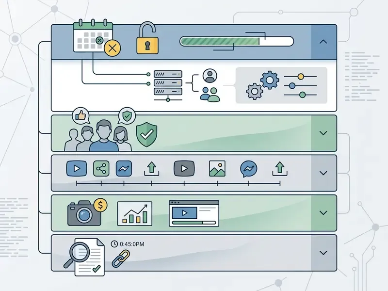 Accordion interface showing icons for access, user permissions, social media sharing, and model terms