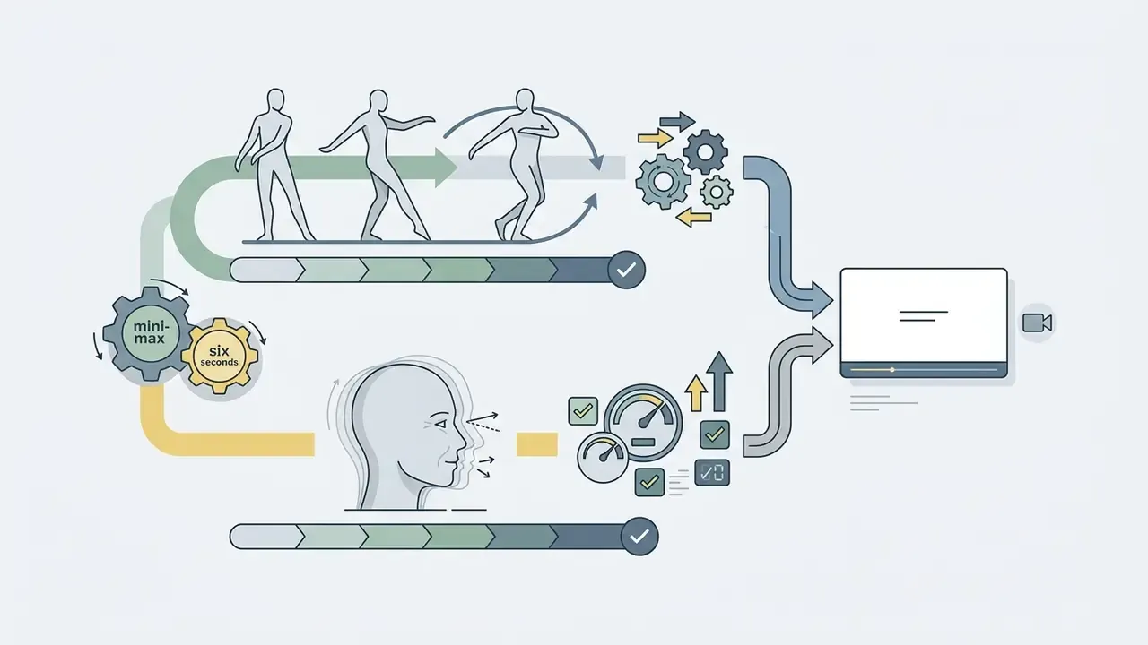 Flowchart showing body movement and facial expression processing converging into a final video output