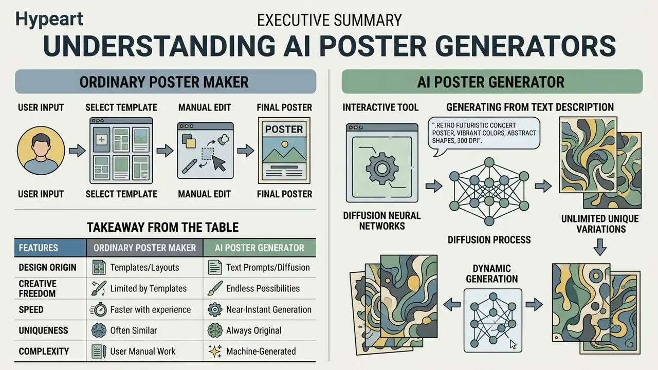 Infographic comparing manual template design with an AI poster generator using diffusion neural networks