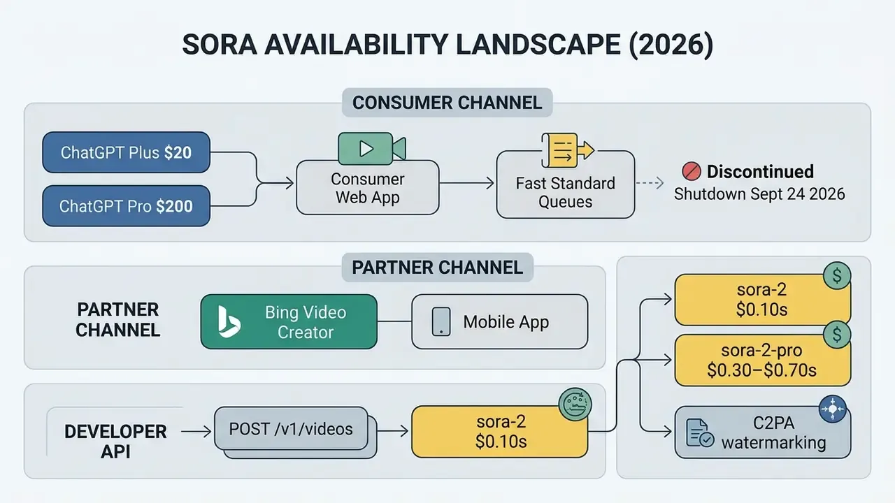Flowchart mapping consumer, partner, and developer access channels for OpenAI Sora video generation