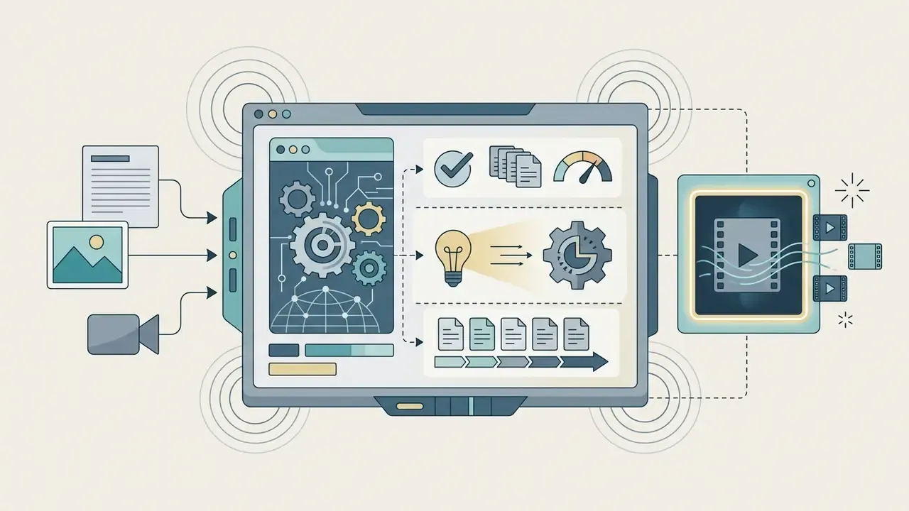 Digital interface processing text and image inputs into video files with status icons and speed gauges