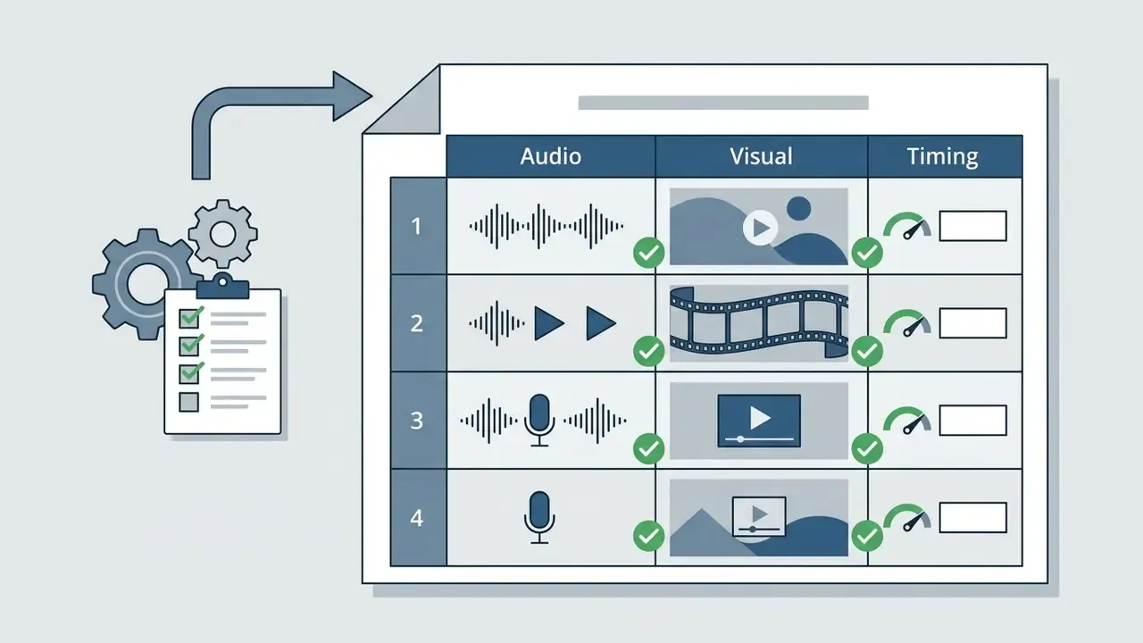 Checklist with gears feeding into a table of audio, visual, and timing columns for production planning