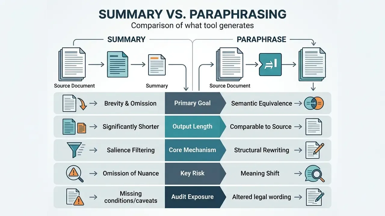Comparison table contrasting the goals, mechanics, and risks of summary versus paraphrasing processes