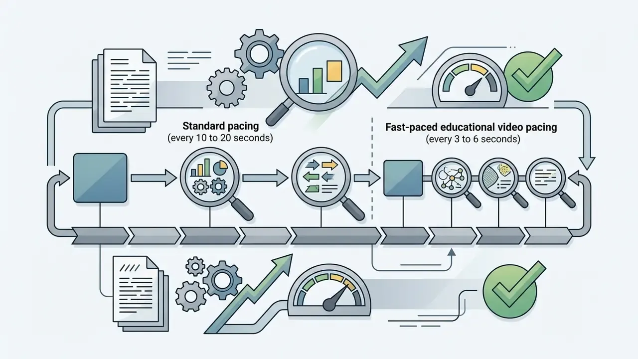 Visual representation comparing standard and fast-paced video editing intervals using icons and progress markers