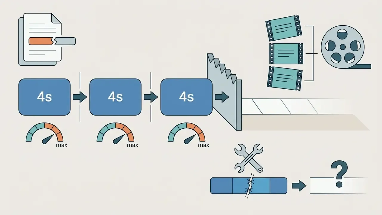 Three four-second video blocks hitting a wall with a wrench icon indicating the need for manual stitching