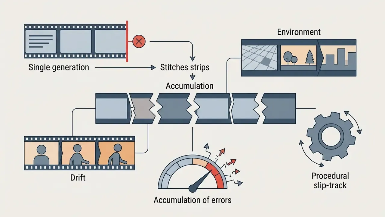 Film strips being stitched together leading to an error gauge and a gear representing drift accumulation