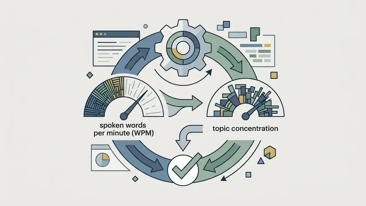 Circular process graphic measuring spoken words per minute and topic concentration with a central gear