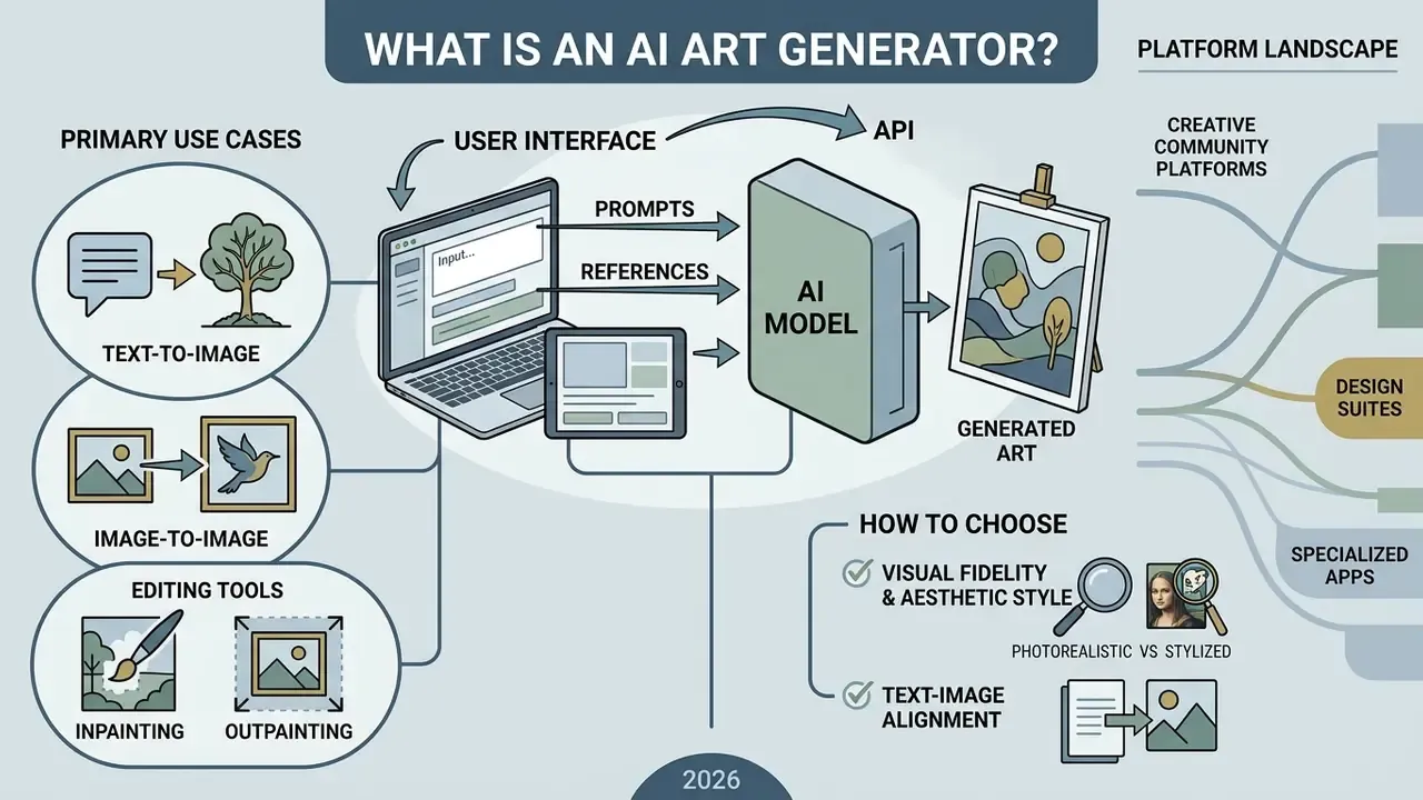 Infographic showing how user interfaces and AI models process prompts and references to generate art