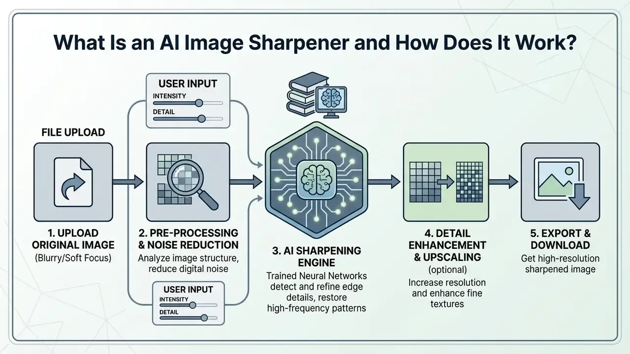 Flowchart showing the ai sharpen image process from file upload through neural network analysis to export