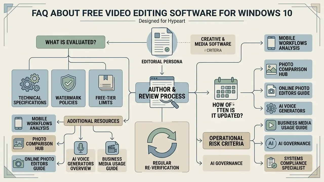 Infographic detailing the editorial review process for free video editing software for Windows 10