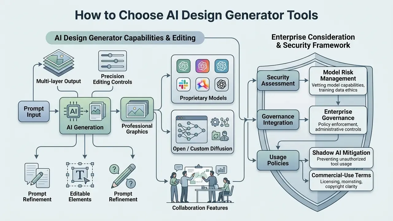 Diagram mapping creative generation workflows alongside an enterprise security and risk framework
