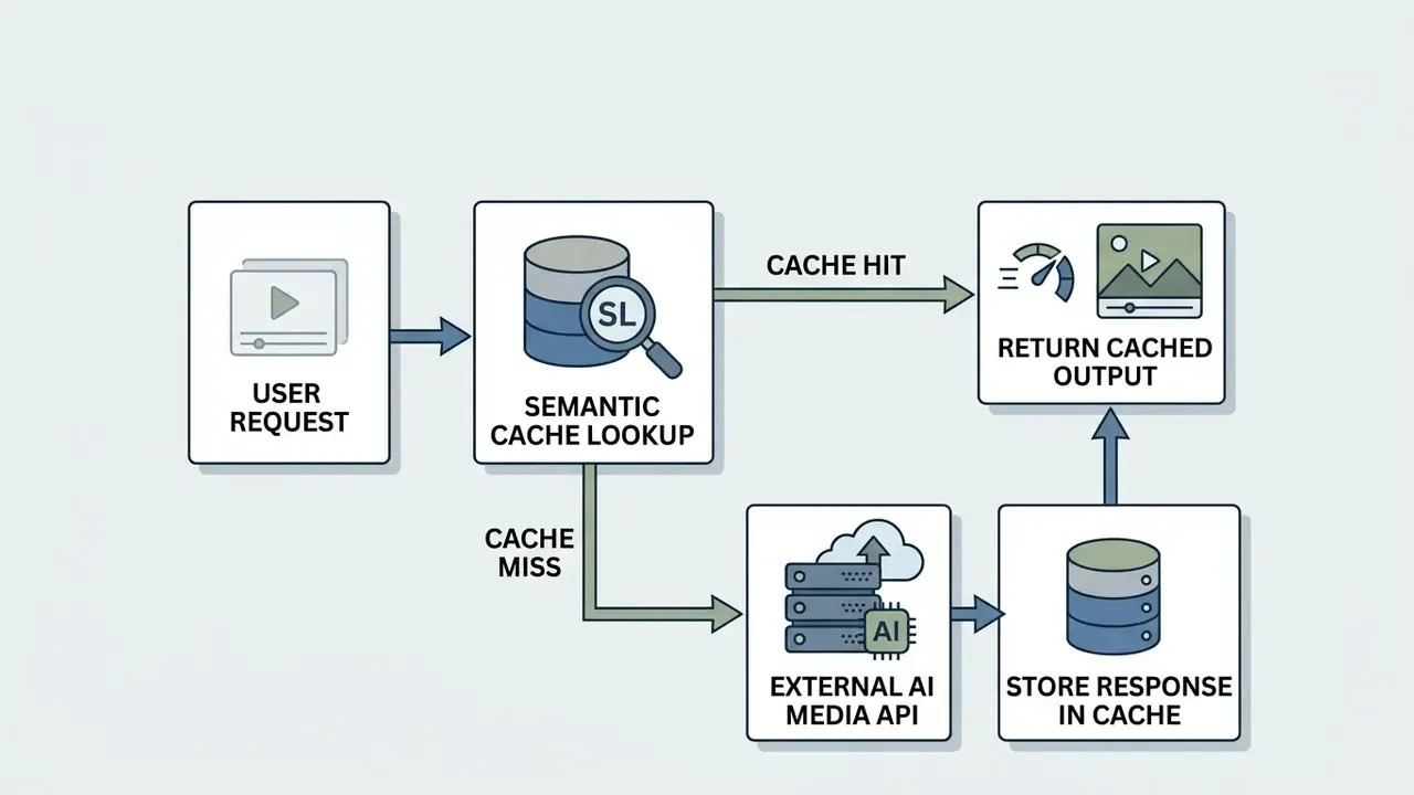 Flowchart showing a semantic cache lookup process that returns stored responses or queries an external AI Media API