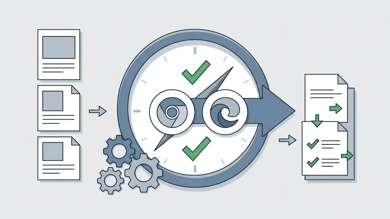 Clock face with browser logos and gears processing document files into validated output reports