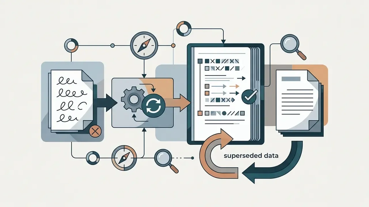 Document icon feeding into a gear processor that updates a central file with superseded data