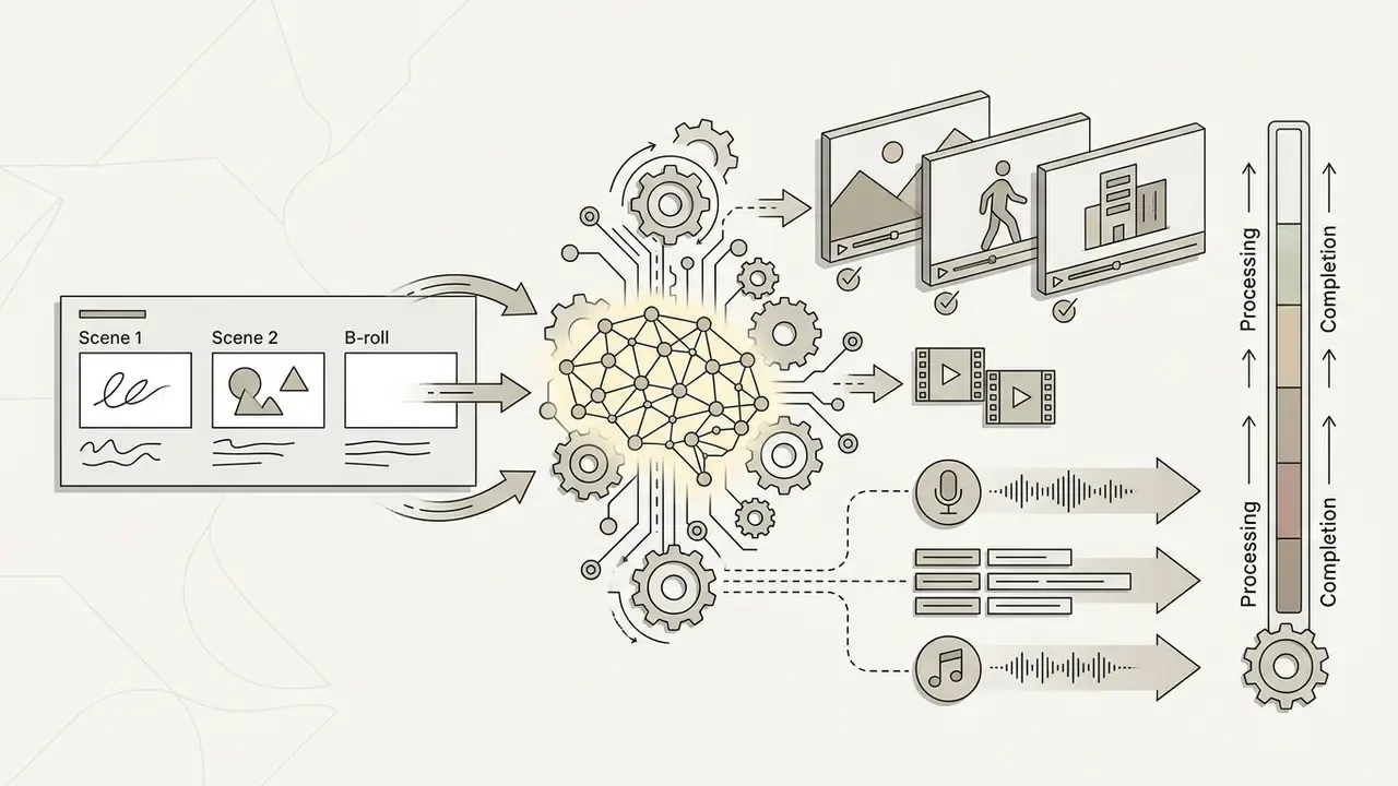 Central neural network processing storyboard scenes into video clips, voiceovers, and music tracks