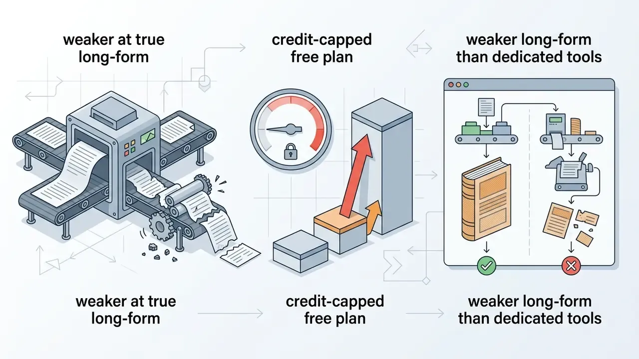 Conveyor belt machine and rising bar charts illustrating limitations of content creation software plans