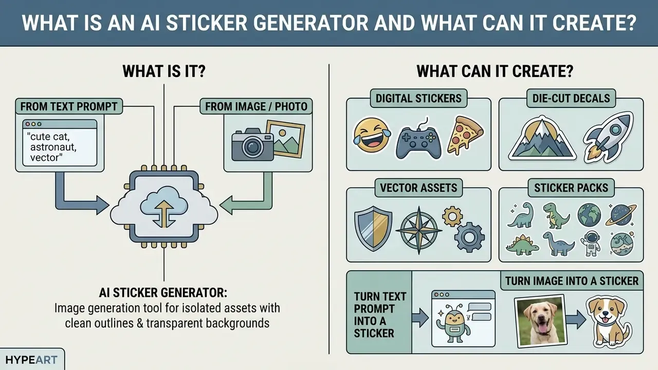 Infographic showing how an AI sticker generator converts text or photos into digital stickers and decals