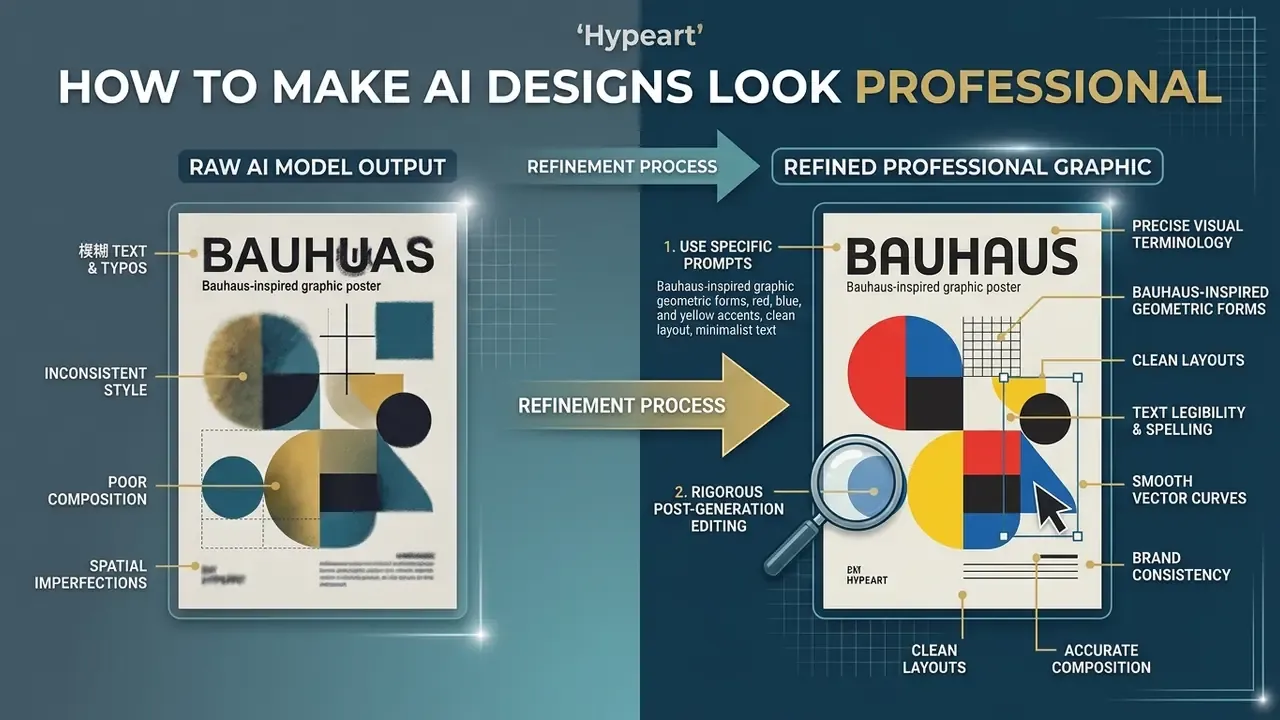 Comparison infographic showing the transformation of raw model output into a polished graphic design